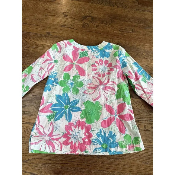 Talbots Womens Large Bright Floral 3/4 Sleeve Popover Cotton V-Neck Top X0917 - Picture 12 of 12